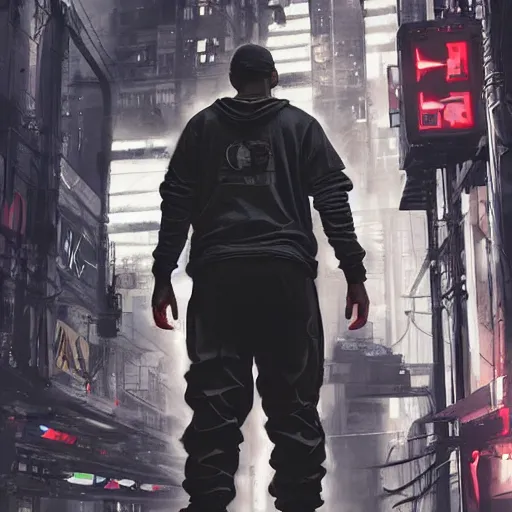 Image similar to A man wearing Acronym J36-S pants and Acronym P30A-DS and black Nike Air Force 1 sneakers, high quality, digital art, dirty cyberpunk city, greg rutkowski