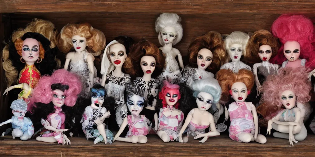 Image similar to drag queen ceramic doll collection in creepy attic