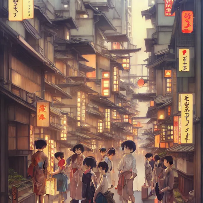 Prompt: japanese big city, summer, in the style of studio ghibli, j. c. leyendecker, greg rutkowski, artem