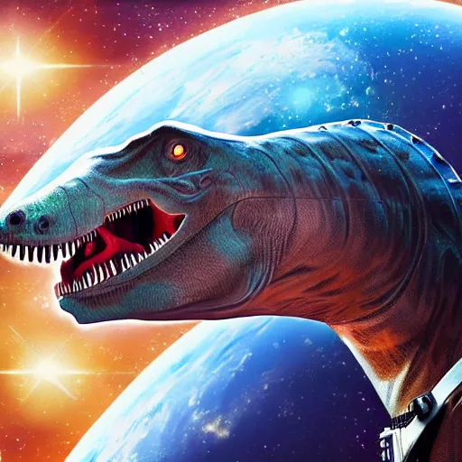 Image similar to a hyper realistic digital painting of a dinosaur in an astronaut suit in space