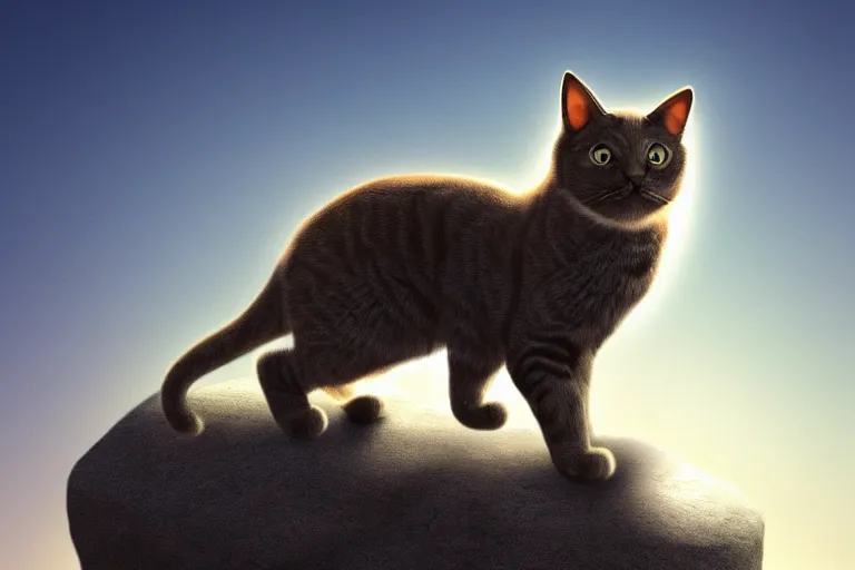 Image similar to cat standing on a rock, backlighting, digital art, trending on artstation, fanart, by wayne mclouglin