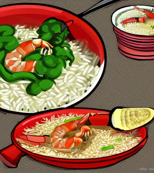 Prompt: cute digital art of a shrimp cook cooking rice