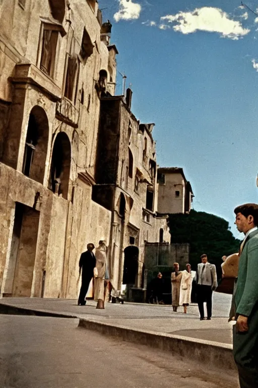 Image similar to a scene of a la giornata ( 1 9 6 6 ) a movie of antonioni starring mastroianni!!!! in the style of the ( ( ( scrovegni chapel by giotto ) ) ). incredibly blue sky. blue sky everywhere. technicolor, grandiose, cinematic, 5 0 mm, highly detailed, romantic