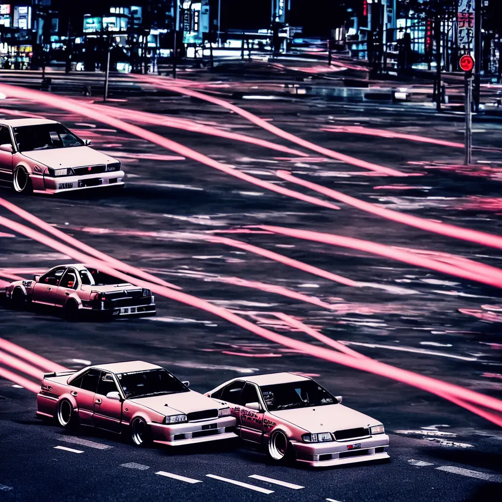 Prompt: massive-scale car JZX100 twin turbo drift in the road, Tokyo prefecture, Japanese architecture, city sunset mist lights, cinematic lighting, photorealistic, detailed alloy wheels, highly detailed, photoshoot