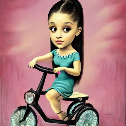 Prompt: ariana grande on a tricycle, lowbrow painting by mark ryden