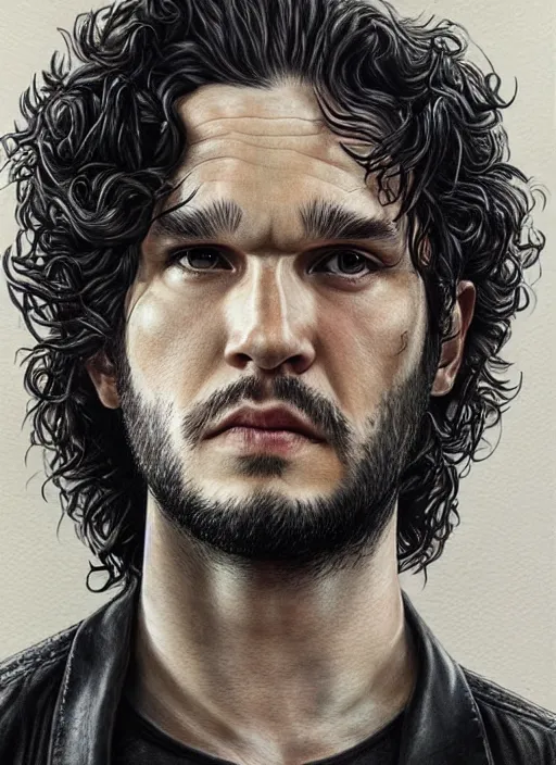 Prompt: portrait of kit harrington, gritty, dark, wearing a leather jacket, hairy chest, very detailed eyes, hyperrealistic, very detailed painting by Glenn Fabry, by Joao Ruas, by Artgerm