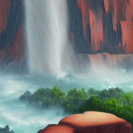 Prompt: a painting of a waterfall pouring from storm onto a mesa in monument valley. octane render. 4 k. highly detailed.