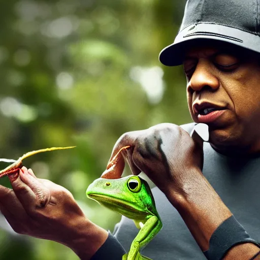 Prompt: 4k hd photograph of jayz murdering a frog in cold blood