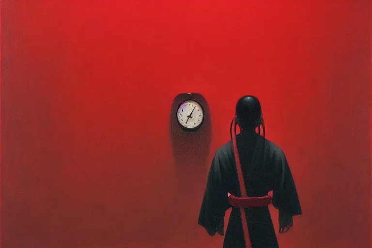 Image similar to only with red, a red samurai harakiri, tokio, a lot of frogs watch, in the style of beksinski, parts by edward hopper, parts by rodcenko, parts by yue minjun, intricate and epic composition, red by caravaggio, insanely quality, highly detailed, masterpiece, red light, artstation, 4 k