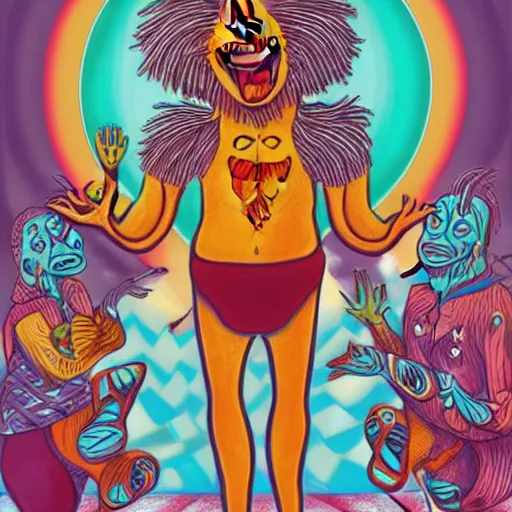 Prompt: a Bigfoot clown leads a yoga class. Award winning illustration art in the style of Alex Grey