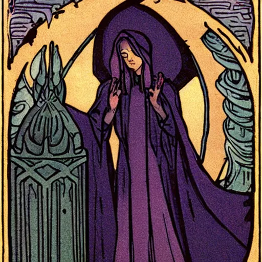 Image similar to a cloaked mage casting a magic spell from her hand toward an ice castle, art nouveau