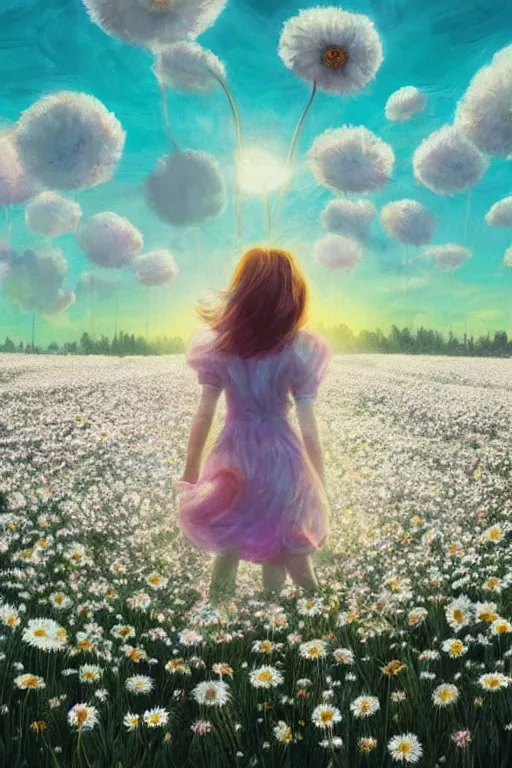 Prompt: giant white daisy flower as head, girl running in a flower field, surreal photography, sunrise, dramatic light, impressionist painting, colorful clouds, digital painting, artstation, simon stalenhag