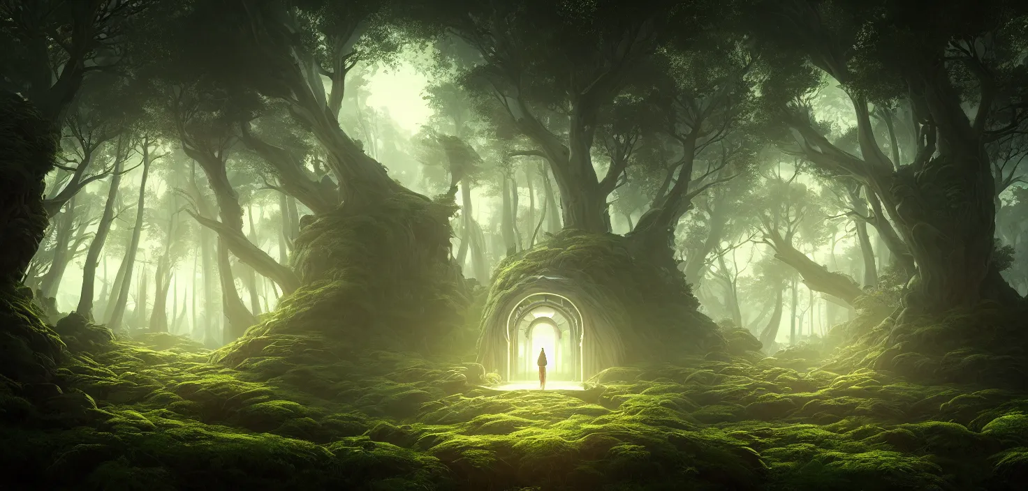 Image similar to random mystic forest huge house landscape, big round glowing magic portal house, central symmetrical composition, incredible, vector art, octane render, fabulous, hyper detailed, random cinematic view, no noise, global illumination, warm lighting, volumetric, godrays, vivid, beautiful, by jordan grimmer