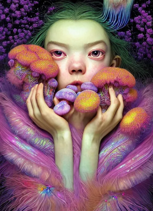 Image similar to hyper detailed 3d render like a Oil painting - kawaii portrait Aurora (a skeksi from dark crystal that looks like Anya Taylor-Joy) seen Eating of the Strangling network of yellowcake aerochrome and milky Fruit and His delicate Hands hold of gossamer polyp blossoms bring iridescent fungal flowers whose spores black the foolish stars by Jacek Yerka, Ilya Kuvshinov, Mariusz Lewandowski, Houdini algorithmic generative render, Abstract brush strokes, Masterpiece, Edward Hopper and James Gilleard, Zdzislaw Beksinski, Mark Ryden, Wolfgang Lettl, hints of Yayoi Kasuma, octane render, 8k