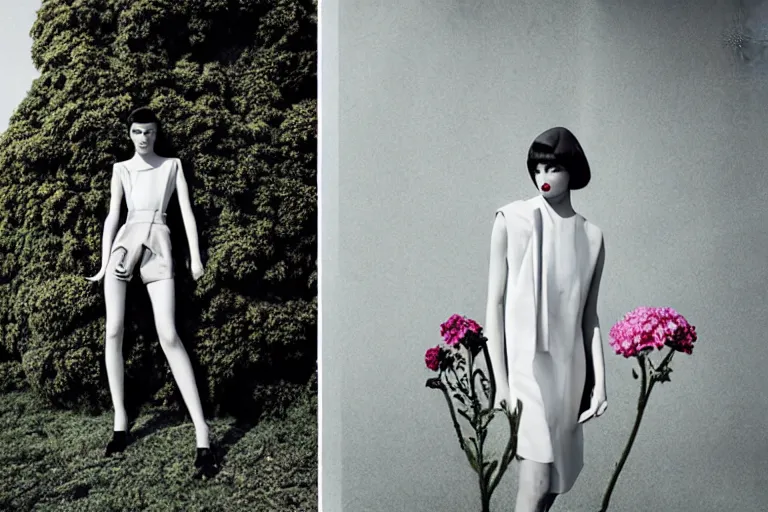 Image similar to fashion editorial photography in a world with brutalist architecture overgrown with flowers