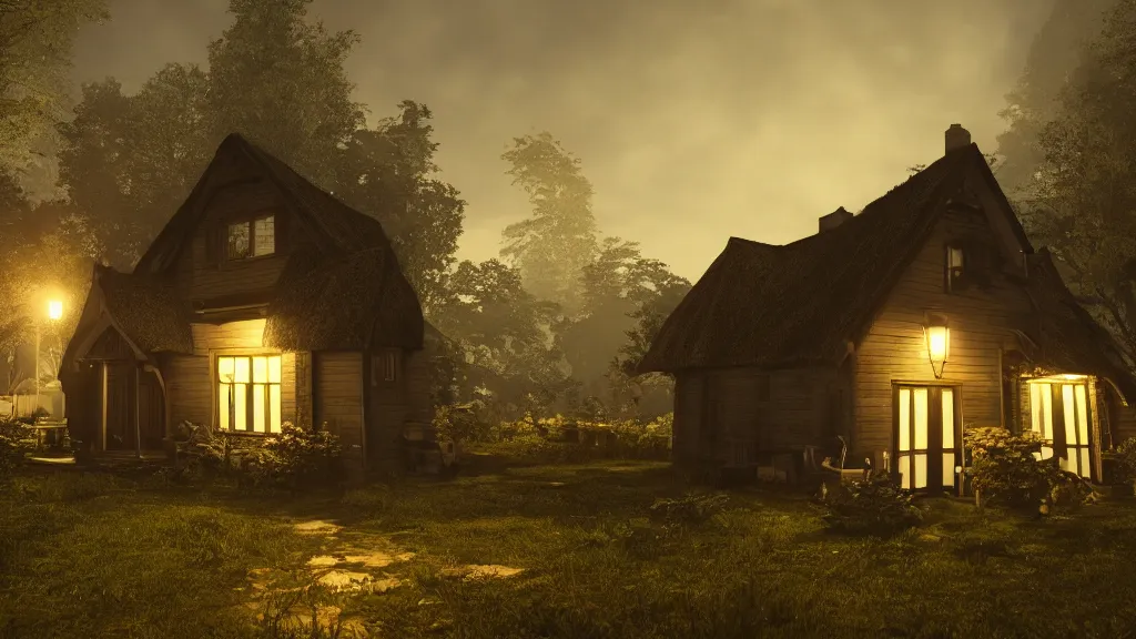 Image similar to A dark shadowy cottage at night, hyperrealistic, Cryengine 8k UHD