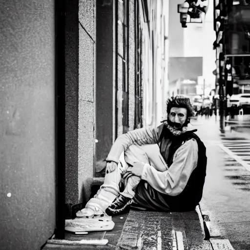 Image similar to black and white fashion photograph, highly detailed portrait of a depressed white drug dealer sitting on a busy street, looking into camera, eye contact, natural light, rain, mist, lomo, fashion photography, film grain, soft vignette, sigma 85mm f/1.4 1/10 sec shutter