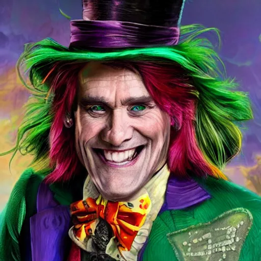 Image similar to Jim Carrey as mad hatter. epic game portrait. Highly detailed. D&D art by Michelangelo