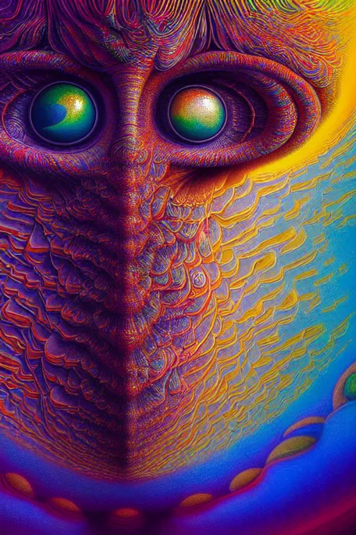 Image similar to hyperrealistic abstract close-up Renaissance psychedelic!! celestial happy! pure creature!! peaceful! kind spirit of nature! beautiful fractal!! eyes! highly detailed concept art eric zener elson peter cinematic hard rainbow lighting high angle hd 8k sharp shallow depth of field endless, inspired by Zdzisław Beksiński Salvador Dali