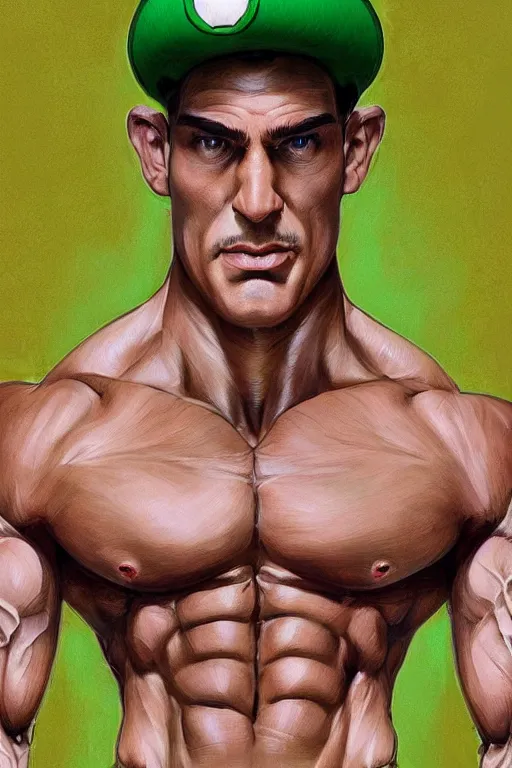 Image similar to muscular luigi wearing a green jumpsuit by ilya kuvshinov, bodybuilder ernest khalimov, super mario bros symmetrical face concept art, hyper realistic, intricate, elegent, highly detailed, digital painting, concept art, smooth, sharp, focus, illustration, art by artgerm and greg rutkowski and alphonse mucha, artstation