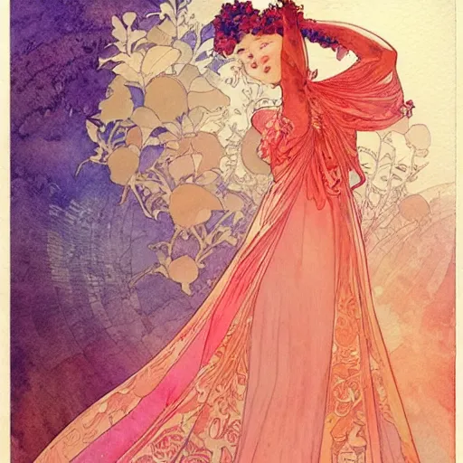 Prompt: a beautiful intricate watercolor illustration of a dancing princess in a coral outfit, 4 k, ultra - wide angle, by william turner, by victo ngai, by alphonse mucha, by moebius, by gustave dore, hd, trending on artstation, hyper detailed, muted intense colors