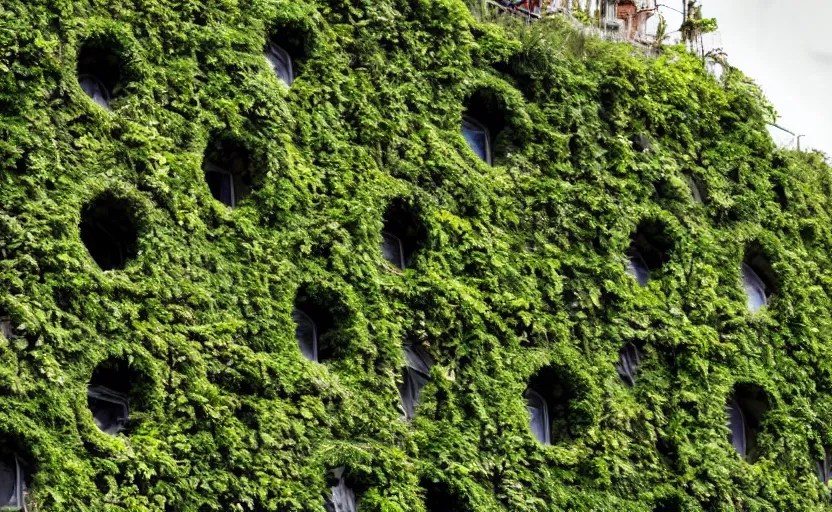 Image similar to a futuristic and overgrown brutalist building in the dolomites overgrown with ivy
