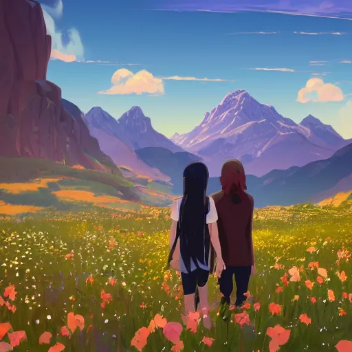 Image similar to one teen girl with long black hair and bangs, one teen boy with black hair, flower fields and mountains in the background, digital painting, artstation, highly detailed, by makoto shinkai and thomas kindle and James gilleard