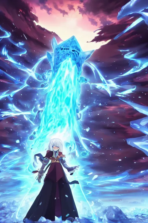 Image similar to cover art of mage summoning a ice golem, ufotable anime style, epic background