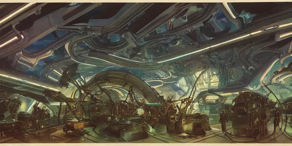 Image similar to wide shot, interior of an alien spaceship, futuristic, hyperrealism, heavy machinery, humanoids working, neon tubes crepuscular rays, ray tracing, by alphosne mucha adolf hiremy hirschl