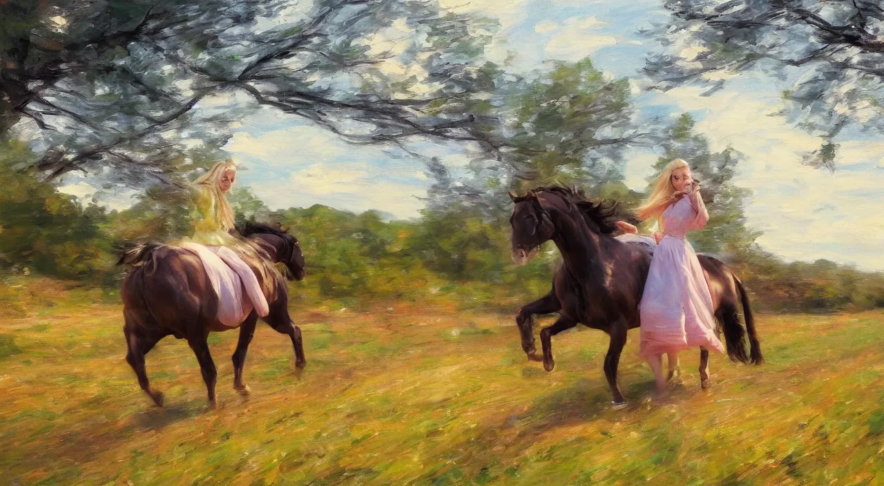 Image similar to 1950 blonde driving a mustang on a country road, Swedish countryside, freedom, dawn, impressionism, realistic, painting by Vladimir Volegov, artstation, beautiful, masterpiece