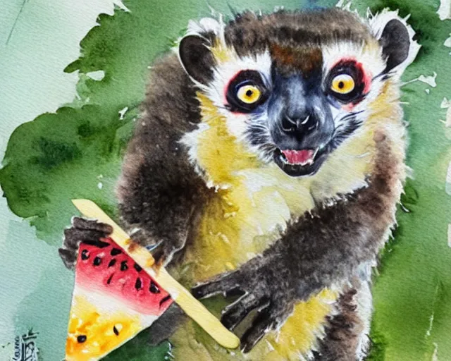 Image similar to a bright happy bill waterson watercolour of a lemur eating a watermellon popsicle