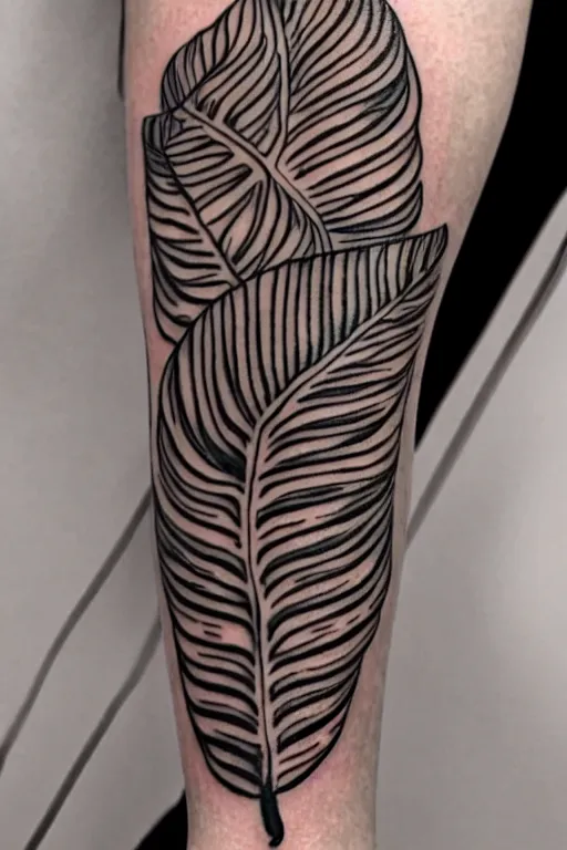 Image similar to tattoo of a monstera deliciosa leaf and a alocasia zebrina leaf, intricate, elegant, thin lines