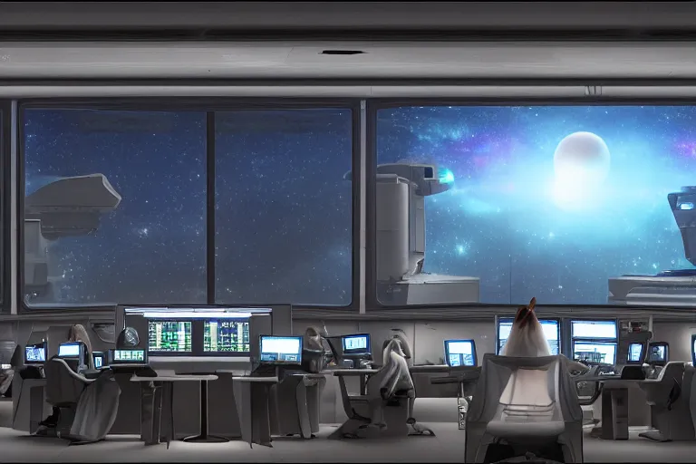 Prompt: a space-craft control room with windows looking out into the cosmos, a computer generated female avatar is on the heads up display, sci fi, Ridley Scott, cinematic, cinematic lighting, artstation, HD,