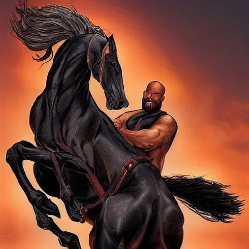 Image similar to chonky ethan van sciver with a bald head and grey trimmed beard with a pointy nose as the first horseman of the apocalypse riding a strong big black stallion, horse is up on its hind legs, beautiful artwork by artgerm and rutkowski, breathtaking, beautifully lit, dramatic, full view