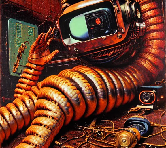 Prompt: junky boa - constrictor, cybertronic gadgets and vr helmet, flesh + technology, durty colours, night, rotten textures, rusty shapes, biotechnology, norman rockwell, tim hildebrandt, wayne barlow, bruce pennington, larry elmore, oil on canvas, deep depth field, masterpiece, cinematic composition, hyper - detailed, hd, hdr