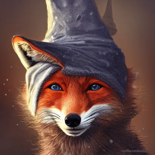 Image similar to a furious fox wizard, snowy background, oil on canvas, intricate, portrait, 8k highly professionally detailed, HDR, wizard hat, CGsociety