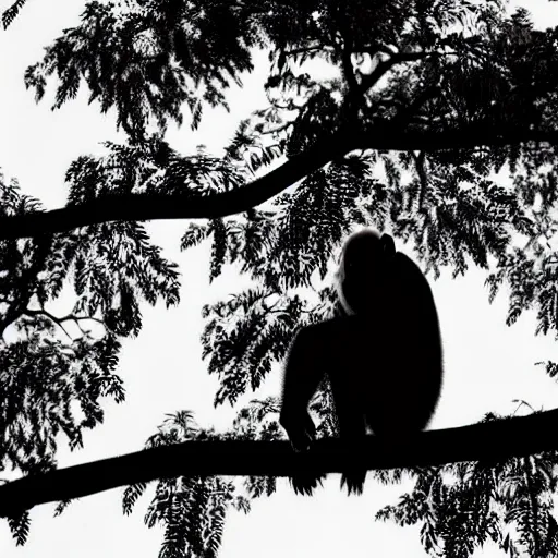 Image similar to rim light around fur of an ape on a tree, silhoutte, dim light, tree top, dslr award winning photo, nikon