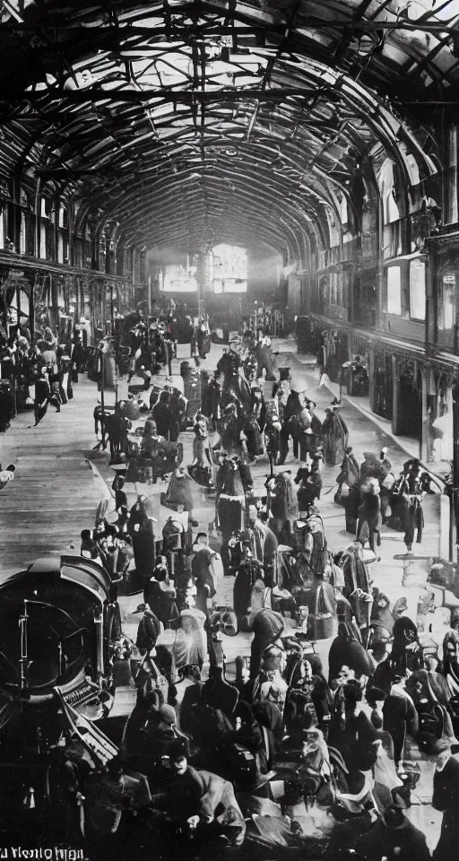 Image similar to interior of a victorian steanpunk railway station, people everywhere, luggage, wires and junk, atmospheric, dramatic architecture