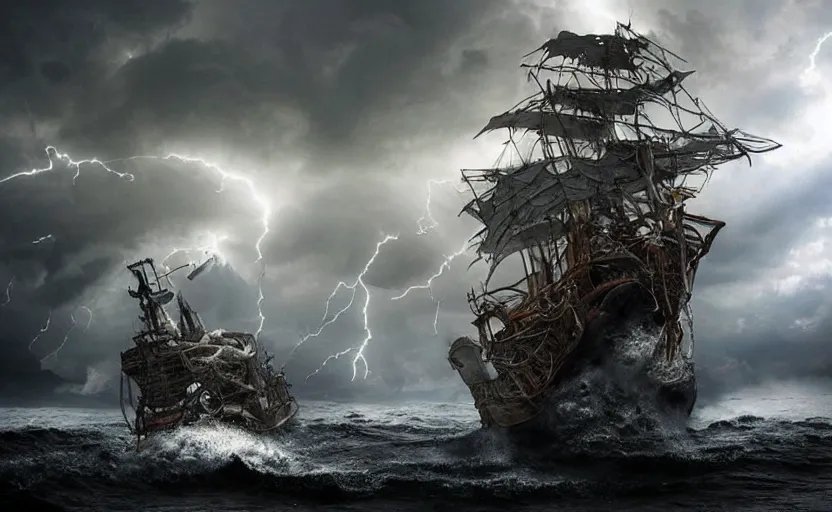 Image similar to “ a pirate ship in a treacherous lightning storm being attacked by a colossal seamonster, by igor morski, by peter morbacher, by robert hubert, rendered in octane, 8 k resolution, photorealistic, realistic shadows, trending on artstation ”