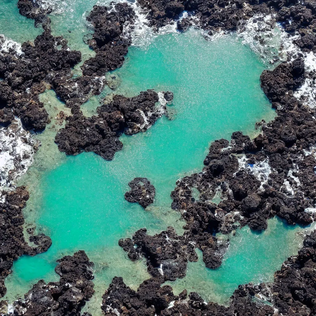 Image similar to birds eye view tide pools, clear pools of water with swirling sea foam, dark black smooth obsidian boulders, floating kelp, small fishes, octopus