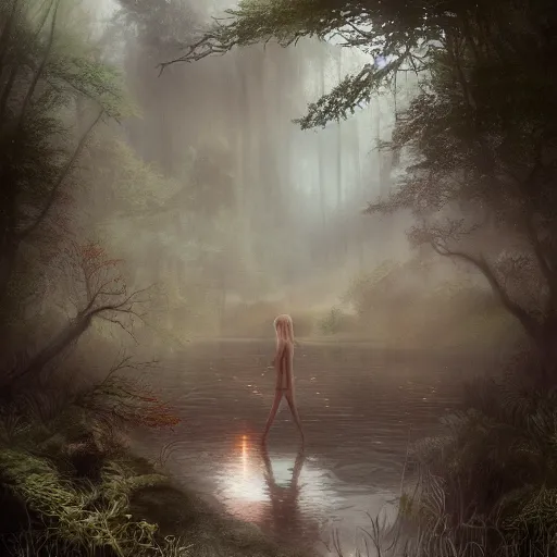 Prompt: forest child in a river, leesha hannigan, ross tran, fantasy, light, highly detailed faces, artwork, fog, forest