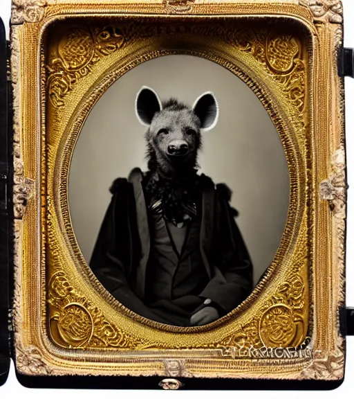 Image similar to professional studio photo portrait of anthro anthropomorphic spotted hyena head animal person fursona wearing elaborate pompous royal robes clothes by Louis Daguerre daguerreotype tintype