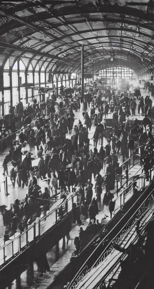 Image similar to interior of a victorian railway station, people on the platforms, luggage, atmospheric, dramatic architecture