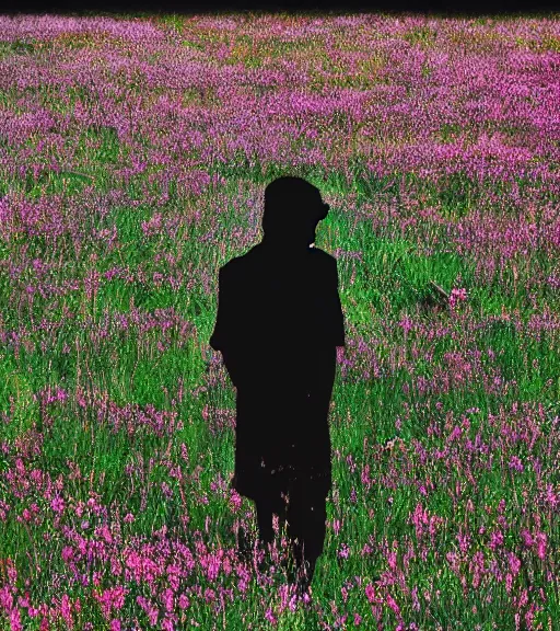 Image similar to tall shadow person figure standing in beautiful meadow of flowers, high quality film photo, grainy, high detail, high resolution