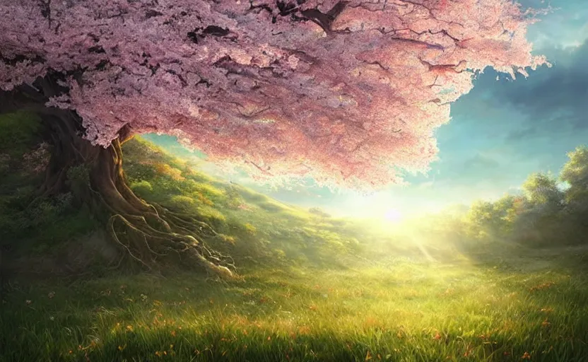 Prompt: a single colossal cherry blossom tree rising above a vast grassland and forested landscape, voluminous clouds, god rays, fantasy digital painting, stunning, intricate details, artwork by ross tran and artgerm