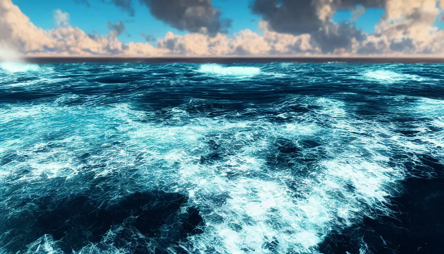 Image similar to beautiful crystal water sea with big breaking waves, sandy beach in the foreground, sun in the sky, hyperdetailed, artstation, cgsocitety, 8 k