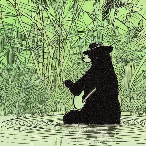 Prompt: a bear wearing a black hat, sitting in a pond in a lush jungle playing a guitar, drawing by moebius