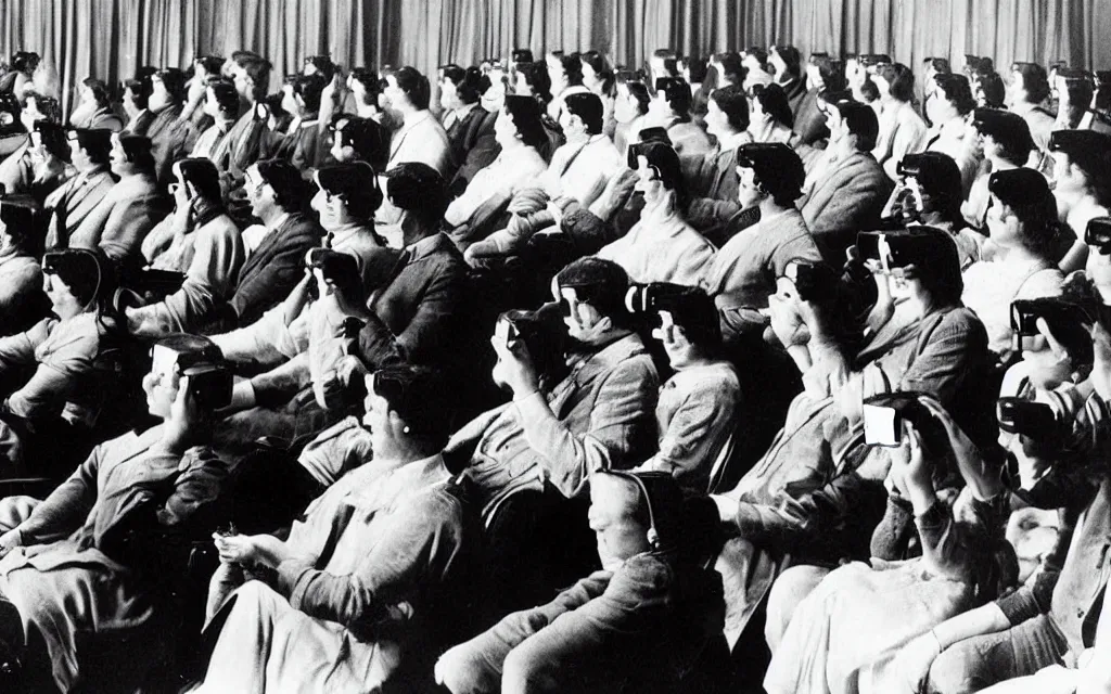 Prompt: 1 9 0 0 s photo of people using iphones ipods virtual reality headsets vr in a movie theater masterpiece