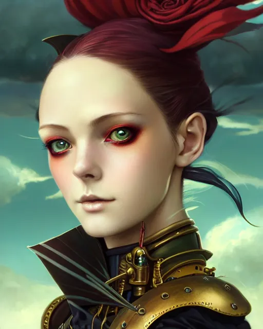 Image similar to a beautiful close up portrait 2D illustration of a young female steampunk pirate wearing leather armor on gold and red trimmings on green, by Charlie Bowater, tom bagshaw, Artgerm and Lois Van Baarle, beautiful anime face, very cool pose, pirate ship with an epic sky background, slightly smiling, cinematic anime lighting and composition, fantasy painting, very detailed, ornate, trending on artstation and pinterest, deviantart, google images