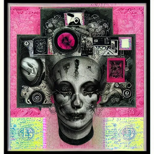 Image similar to post - punk new age album cover, asymmetrical design, frame of a dollar bank notes, capitalism, magic, apocalypse, psychedelic, black white pink, magic, giger h. r., giuseppe arcimboldo